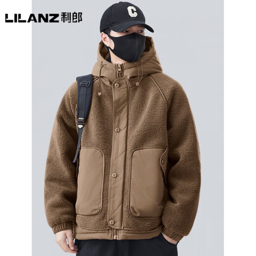 利郎（LILANZ）官方羊羔毛羽绒服男款冬季2025新款潮加厚保暖连帽摇粒绒外套男士 藏青-旗舰款 L 【130-150斤】