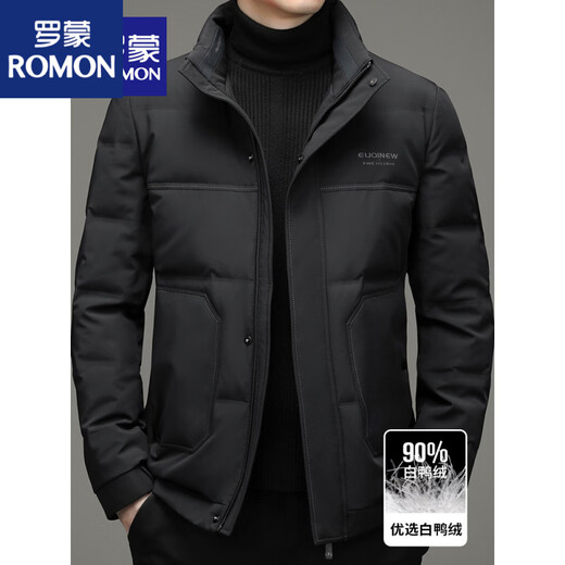 ROMON high-end down jacket men's autumn and winter short middle-aged stand-up collar white duck down men's business thickened warm jacket black 2XL 180