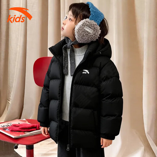 ANTA Chaqueta de plumón para niños y niñas 2025 Invierno Nueva Chaqueta de pan para niñas con capucha deportiva gruesa y cálida Básica Negro 80% Plumón 165 Relleno de plumón 136g