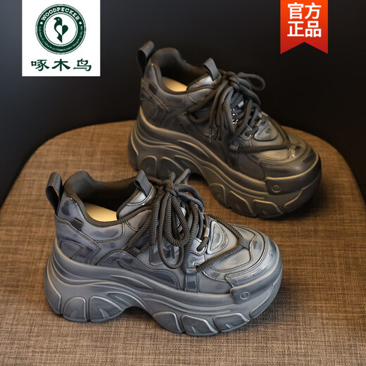 Woodpecker brand small thick-soled inner heightening dad shoes for women 2025 autumn and winter new platform soft-soled sports and casual shoes black 35
