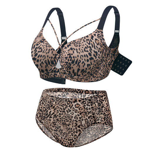 Sugar-grained seamless leopard print underwear set for large breasts to look smaller for large sizes and fat mm, push-up breast-retracting anti-sagging bra with thin leopard print color set with detachable breast strap 80C + underwear XL