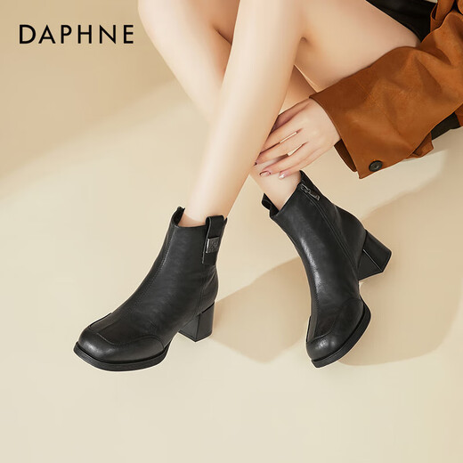 DAPHNE Daphne Retro Short Boots Women's Velvet New Women's Boots Warm French High Heel Boots British Martin Boots Black Velvet Heel Height 5.5cm 35 (225mm) Standard Size