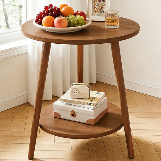 Shanshan wood art coffee table side table small table living room small apartment double-layer small round table bedside storage rack sofa side table