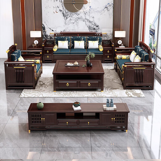 Fansenrong 2026 new solid wood sofa new Chinese style golden sandalwood combination modern winter and summer dual-use small and medium-sized storage sofa 1+2+3+square coffee table+1 square table