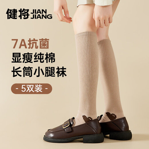 Jianjiang women's socks non-slip elastic girls' calf socks pure thin pressure mid-calf socks long breathable brown off-white + rice apricot + coffee gray + coffee + black one size