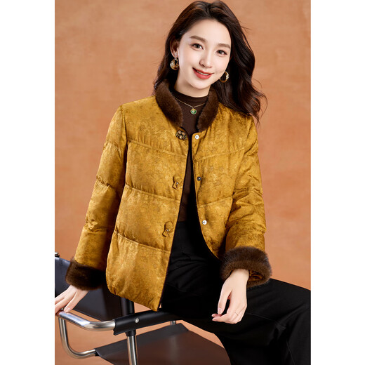 Kebel Chinese style fur stitching warm coat women's winter new style Hongyun high-end light luxury down jacket yellow M