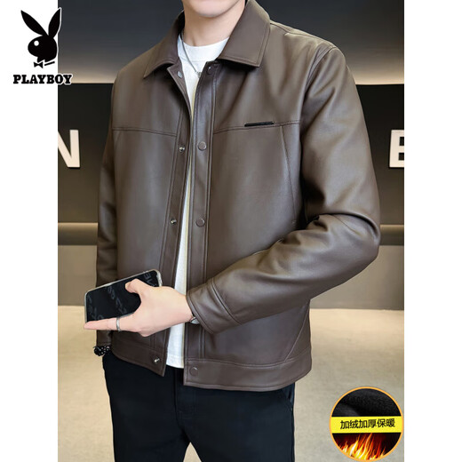 Playboy velvet thickened leather jacket for men, autumn and winter trendy brand 2025 new slim fit label design PU leather jacket for men, coffee color L