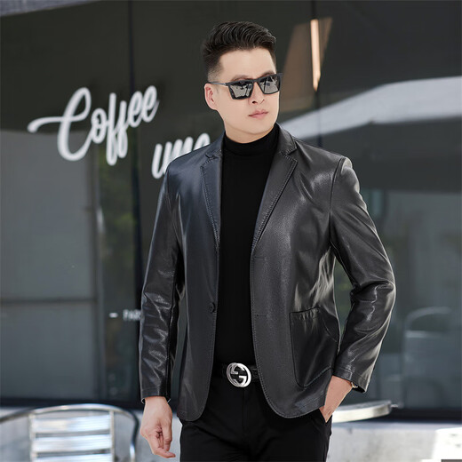 New first-layer sheepskin suit collar men's leather jacket men's slim leather jacket black M 170