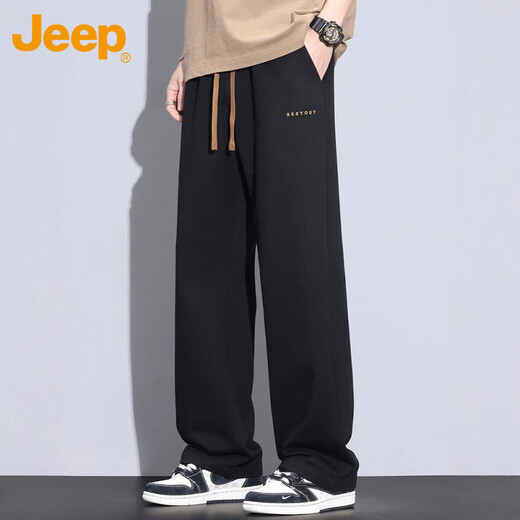 JEEP吉普休闲裤男秋冬季宽松直筒裤男士百搭运动阔腿男裤 黑色  XL