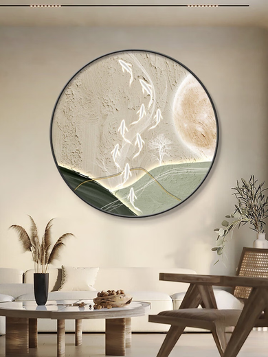 Mu Dianxing Wabi-sabi Wind Nine Fish Gathering Talents Picture Living Room Entrance Decorative Painting Round Hanging Picture Restaurant Dining Table Sideboard Mural Mountain Nine Fish-A Gold Frame Diameter 120cm Crystal Porcelain Painting