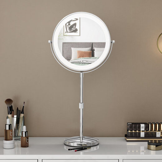 Large LED makeup mirror that can be raised and lowered, telescopic double-sided illuminated mirror, desktop magnifying mirror, adjustable height, 8 inches, silver, straight pole, 3x magnification