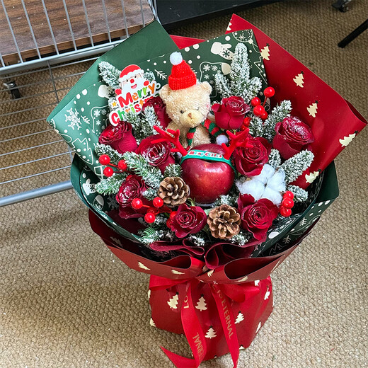 Youke Jade Christmas Eve Flower Express Red Rose Bouquet Apple Gift Box for Girlfriend Gift Nationwide Delivery Red Rose Apple Mixed Bouquet Christmas Surprise