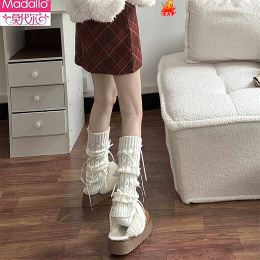 Modal bow socks calf socks women Japanese JK autumn and winter warm knitted pile socks lolita cute leg covers beige one size