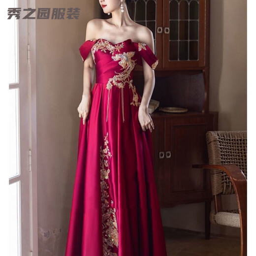 Verse Verse burgundy toast dress bride's dressing gown style engagement wedding dress new Chinese style one shoulder light luxury national style burgundy S