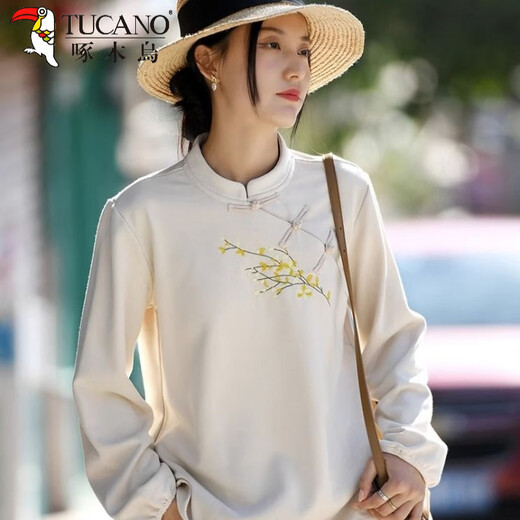 Woodpecker (TUCANO) Retro New Chinese Button Top Women's 2025 Autumn and Winter New Improved Cheongsam Collar Light National Style Embroidered Shirt Apricot 3XL Recommended 150-170 Jin Jin equals 0.5 kg