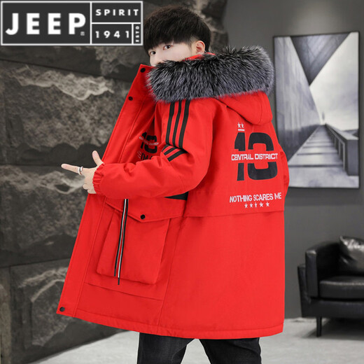JEEP SPIRIT mid-length cotton coat 2025 new winter trend warm windbreaker plus velvet thickened parka jacket long coat 2383 red (with fur collar) Wang M