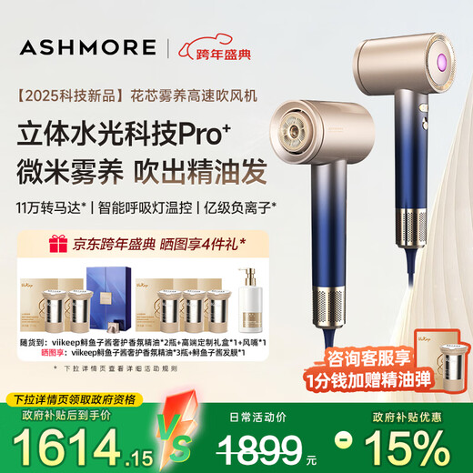 ASHMORE flower core mist nourishing high-speed hair dryer household electric hair dryer quick drying without damaging the hair practical gift box for Valentine's Day birthday gift for boys and girls AS-HD01 Golden Blue