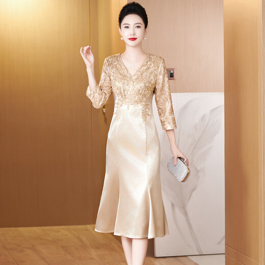 Saint Boogie Engagement Clothes for Mother-in-Law 2025 Summer Summer Short Sleeve Belly Covering Mother's Wear Fishtail Skirt Fashion Young Dress Champagne Color Three Quarter Sleeves M