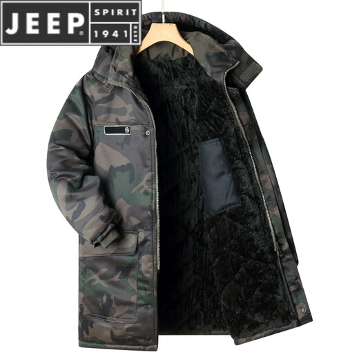JEEP SPIRIT cotton coat men's winter thickened mid-length camouflage coat cold storage cold-proof clothing warm workwear labor protection cotton jacket jacket for men G Green Jungle mid-length can protect the thighs plus velvet and thicker M 170 suitable for 100-130Jin Jin is equal to 0.5 kg