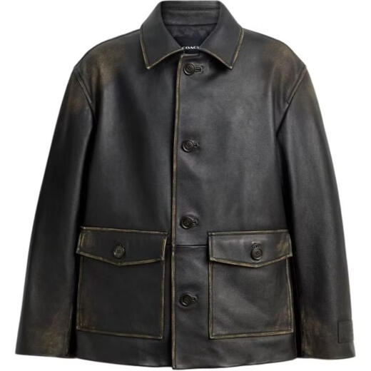 COACH FW25 distressed single-breasted long-sleeved leather jacket for men, black M