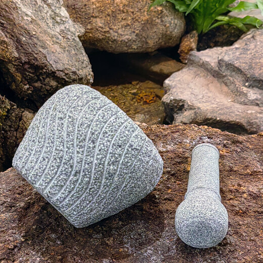 MPPMCK black gold stone mortar garlic pounder medicine jar retro bluestone stone cup household food supplement grinder bowl old-fashioned garlic press outer diameter 16cm medium size