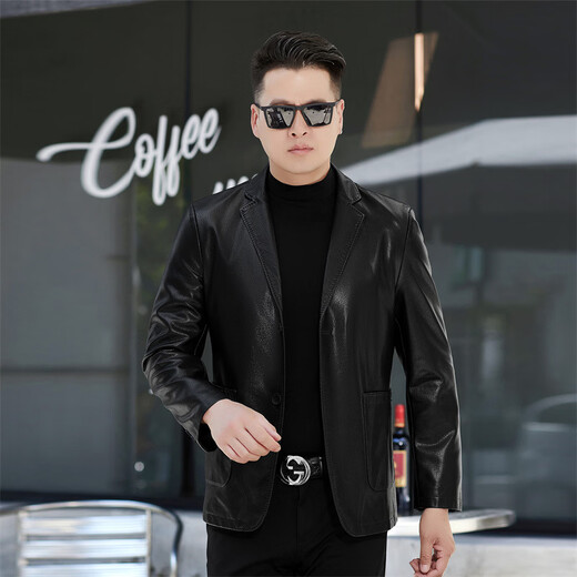 New first-layer sheepskin suit collar men's leather jacket men's slim leather jacket black M 170