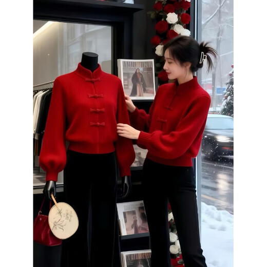 La Chapelle New Year Red Atmosphere Bow Knitted Cardigan Women's 2026 Autumn and Winter New Korean Knitted Sweater Jacket Trendy Red L