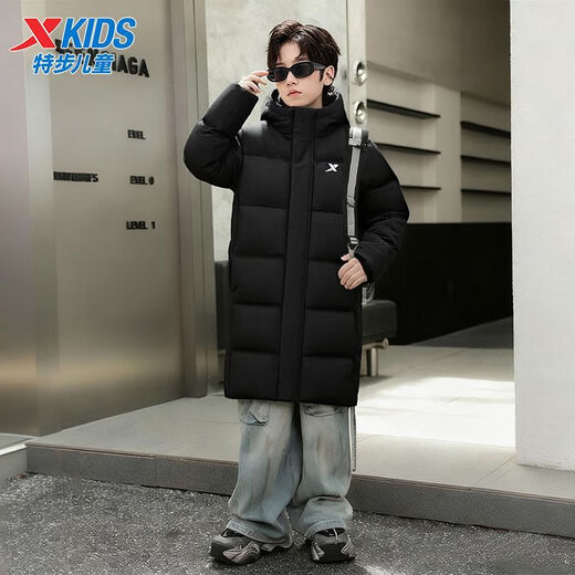 Xtep Children's Medium Long Down Jacket Boys Thickened and Warm 2025 Winter New Fashion Top Winter Jacket Danqing Black 150