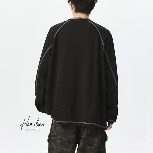 Homlean casual sweatshirt Henry collar long-sleeved T-shirt men's loose inner textured versatile top HW11 Obsidian Black L