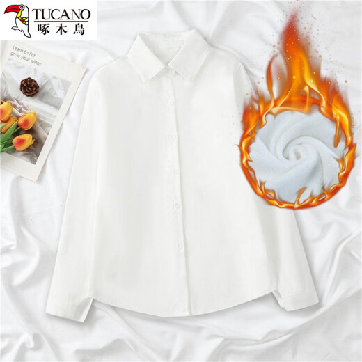 Woodpecker velvet thickened design shirt autumn and winter velvet warm Korean style black lapel long-sleeved shirt top trendy velvet square collar open button white S