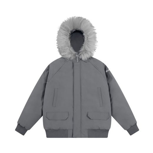 404MOBGANG American retro detachable fur collar jacket men's winter waterproof embroidery thickened warm couple cotton clothing Paris Gray L