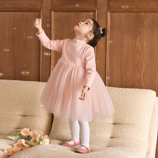 LUSON Little O Bao Children's Clothing Baby Mesh Dress Women's Velvet Half Turtle Collar 2025 Winter Girls Puffy Princess Dress