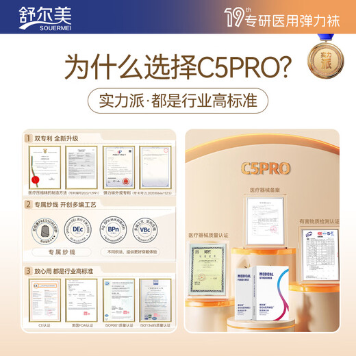 SOUERMEI anti-varicose vein medical elastic socks therapeutic expansion official women's and men's mid-calf sports socks high-end series C5Pro500 natural skin (medical grade one) open toe S