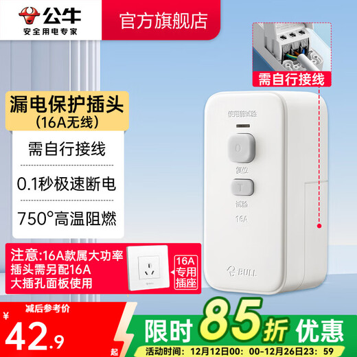 公牛（BULL） 漏电保护器插头/接线防漏电插头 【16A大功率款】需自行接线GNT-21LD