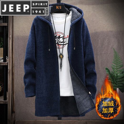 JEEP SPIRIT mid-length velvet jacket men's autumn and winter knitted sweater cardigan thickened hooded windbreaker men's jacket 8819 black M