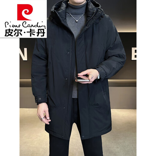 Pierre Cardin mid-length men's down jacket winter 2026 new hooded thickened trendy brand men's winter windbreaker jacket black XL 120-140Jin Jin equals 0.5 kg