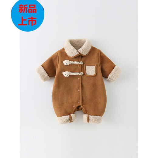 G.duck 100-day baby cute jumpsuit for infants and toddlers winter thickened quilted harem full moon plus velvet winter cotton clothing breathable brown 66cm
