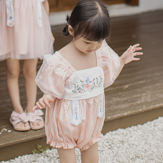 Wooden cotton baby girl short-sleeved fart cover summer thin one-piece clothes baby tencel cool triangle harem Chinese style Hanfu pink 80cm