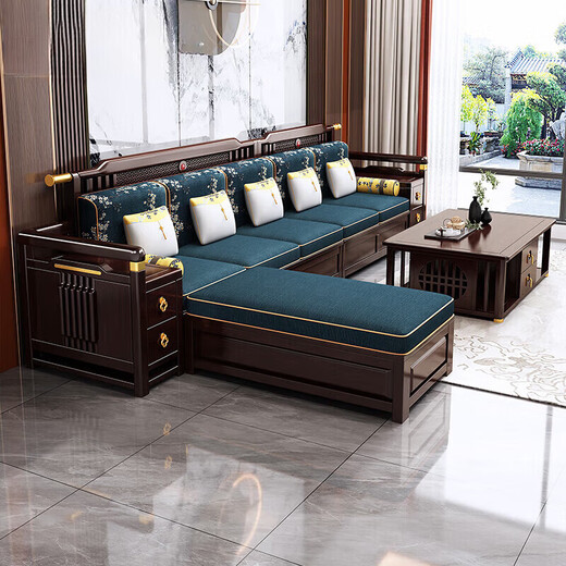 Fansenrong 2026 new solid wood sofa new Chinese style golden sandalwood combination modern winter and summer dual-use small and medium-sized storage sofa 1+2+3+square coffee table+1 square table