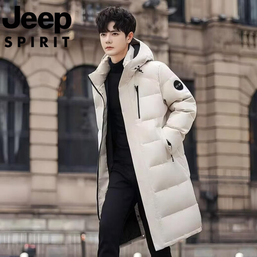 JEEP吉普国际品牌中长款羽绒服男士2025冬季新款情侣连帽保暖休闲外套 黑色 M 80-115斤可穿