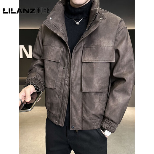 LILANZ official leather down jacket men's winter stand-up collar trendy brand 2025 new casual big pocket American retro thickened winter coat brown-flagship model M 100-130Jin Jin is equal to about 0.5 kg