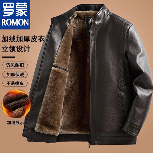 ROMON high-end soft leather middle-aged leather jacket plus velvet thickened men's casual loose large size leather jacket middle-aged and elderly dad's outfit really upgraded black plus velvet standing leather jacket thickened 3XL 190 reference weight 160-180Jin Jin is equal to 0.5 kg