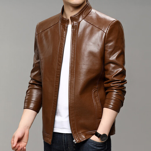 KBXNG Jinba business men's leather jacket stand collar casual autumn and winter jacket young and middle-aged pu leather jacket versatile trendy top brown M 170