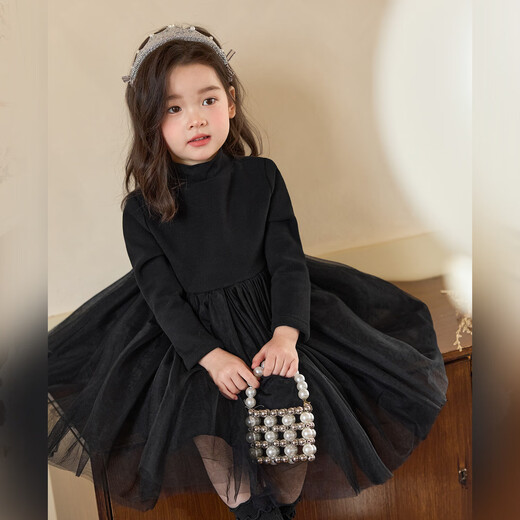 LUSON Little O Bao Children's Clothing Baby Mesh Dress Women's Velvet Half Turtle Collar 2025 Winter Girls Puffy Princess Dress