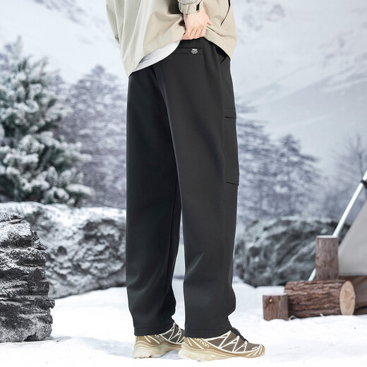 Buyi Legend water-repellent and velvet thickened trouser legs with large capacity patch pocket workwear outdoor small tapered men's casual pants black 33