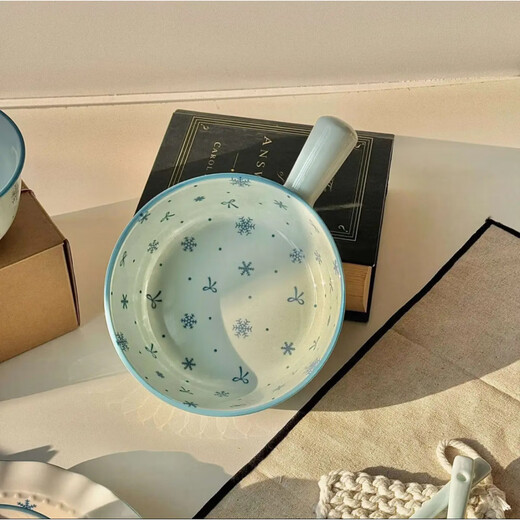 Tuojin ceramic bowl, home tableware for one or two people, good-looking rice bowl, plate, cute instant noodle bowl, especially beautiful bowl, Chuxue sky blue handle bowl - 1 piece