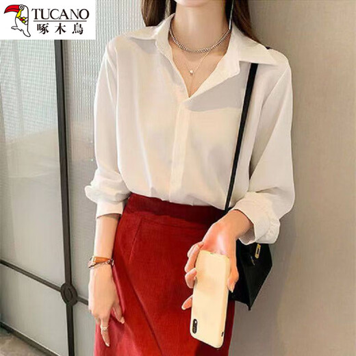 Woodpecker velvet thickened design shirt autumn and winter velvet warm Korean style black lapel long-sleeved shirt top trendy velvet square collar open button white S