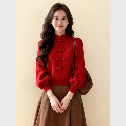 La Chapelle New Year Red Atmosphere Bow Knitted Cardigan Women's 2026 Autumn and Winter New Korean Knitted Sweater Jacket Trendy Red L