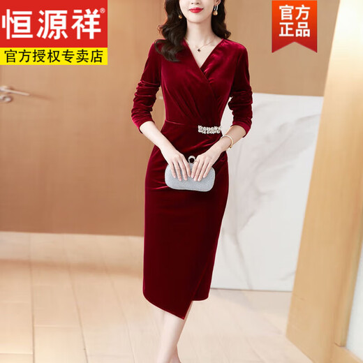 Hengyuanxiang Autumn Gold Velvet Dress Women's Long Sleeve 2024 New Burgundy Dress Grandma's Wedding Banquet Velvet Bag Burgundy XL 110-130Jin Jin is equal to 0.5 kg