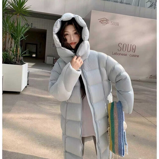 Woodpecker (TUCANO) 90 long loose down jacket 2025 goose down new winter warm Korean style fashionable slim hooded thickened jacket milk blue (super good-looking) S recommended 100-130Jin Jin equals 0.5 kg